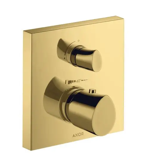 Thermostat-Unterputz mit zwei Drehknöpfen zur Temperatur- und Wasserflussregelung, in glänzender Gold-Optik, Marke AXOR.